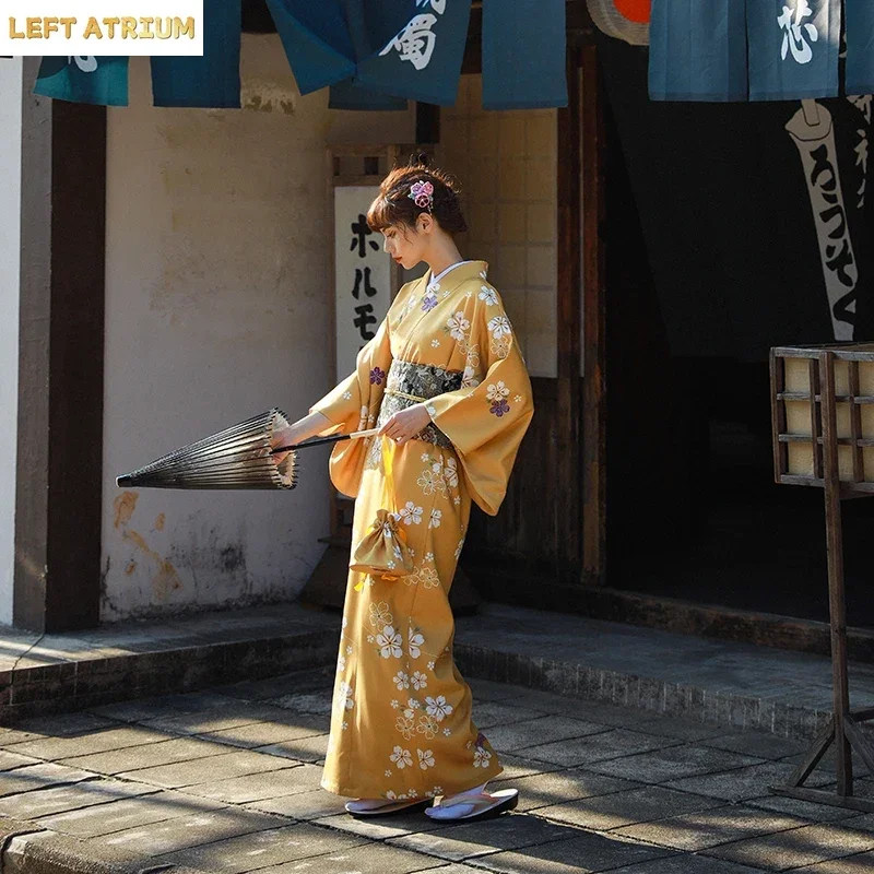 

Japanese Lady Yukata Dress Traditional Kimono with Obi Haori Long Robe Retro Sakura Cosplay Geisha Dance Performance Costume Q25
