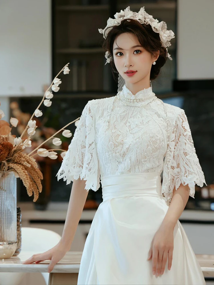 

Элегантное кружевное вечернее платье из атласа для помолвки и свадьбы, индивидуальный пошив, ципао, зимнее, с длинными рукавами, в пол