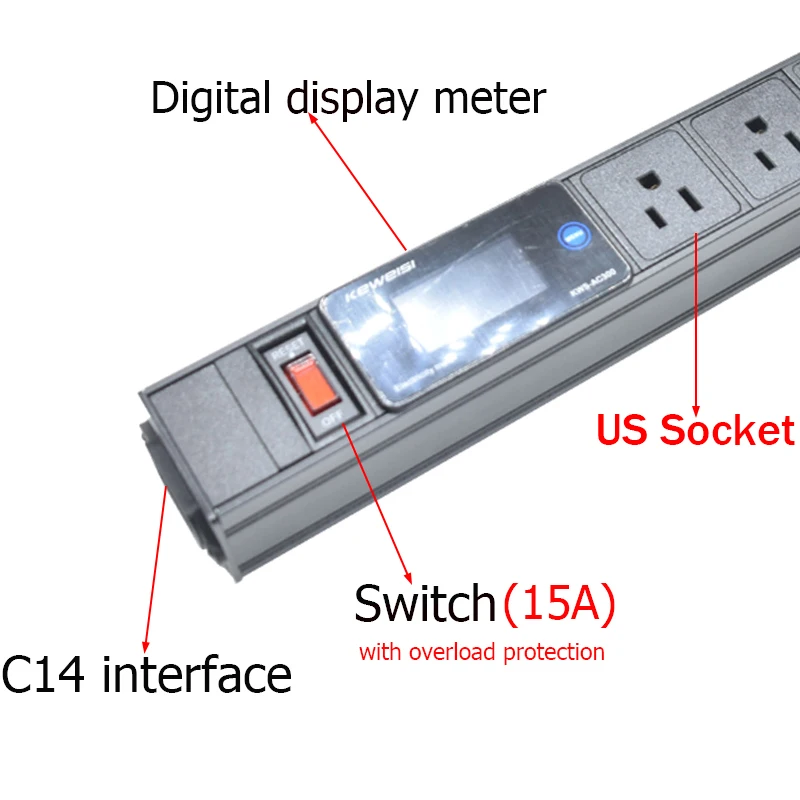 قطاع الطاقة الأمريكي مع التبديل 2/3/4/5/6/7/8/9/10 طرق منافذ المقبس الأمريكية LCD مقياس التيار الكهربائي الرقمي الفولتميتر مقياس التيار الكهربائي C14 واجهة
