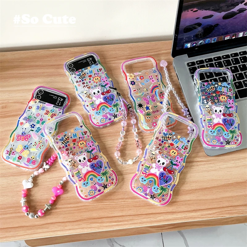 Korean Cute Colorful Bee Phone Case For Samsung Galaxy Z Flip 5 4 3 Z Flip3 Flip5 Flip4 5G Soft Cover with Lovely Chain Pendant