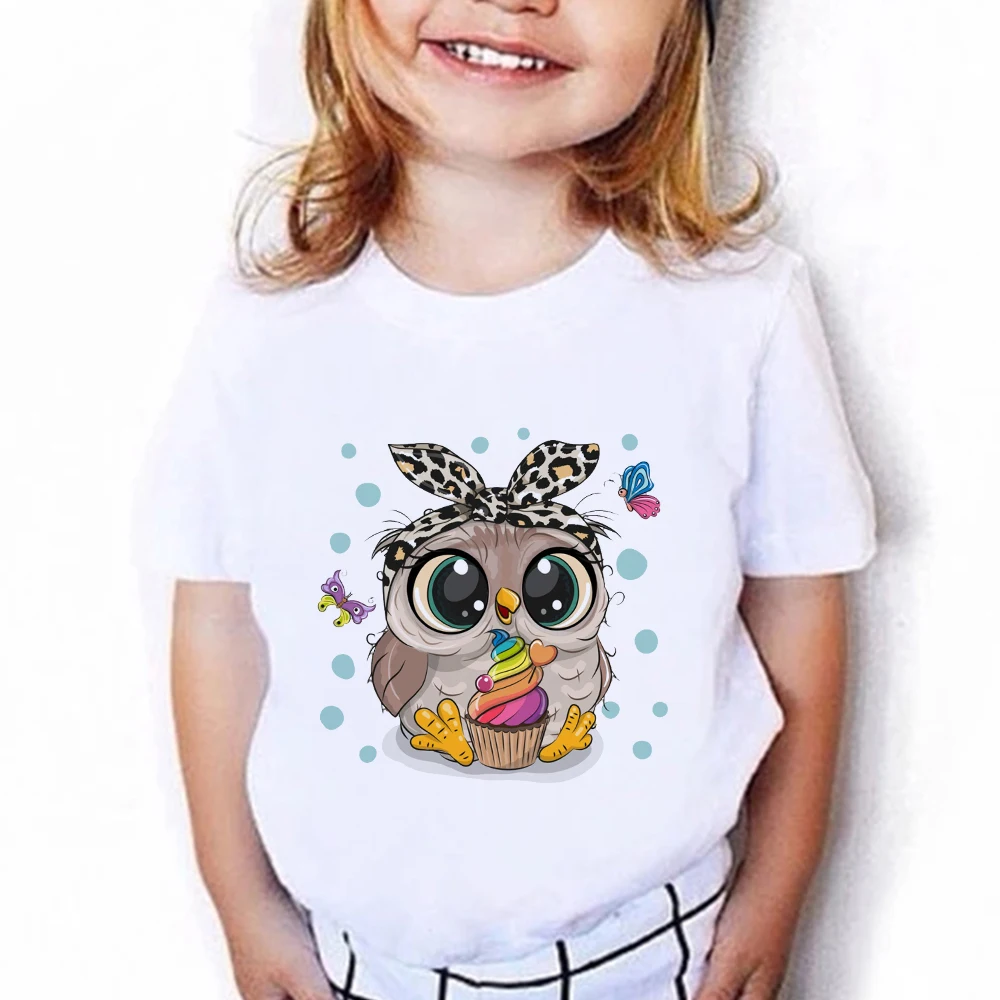 Summer Tee Shirt Enfant Fille Cute Animal Owl Girls and Boys Clothes Toddler Tees Kids Short Sleeve Shirt Birthday Child Outfit