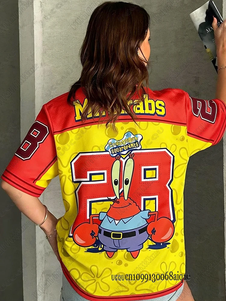 Cartoon SpongeBob Print T-shirts For Women Summer V-Neck Patchwork Short Sleeve Sports Football Jersey Y2K Loose Oversized Tops image 6