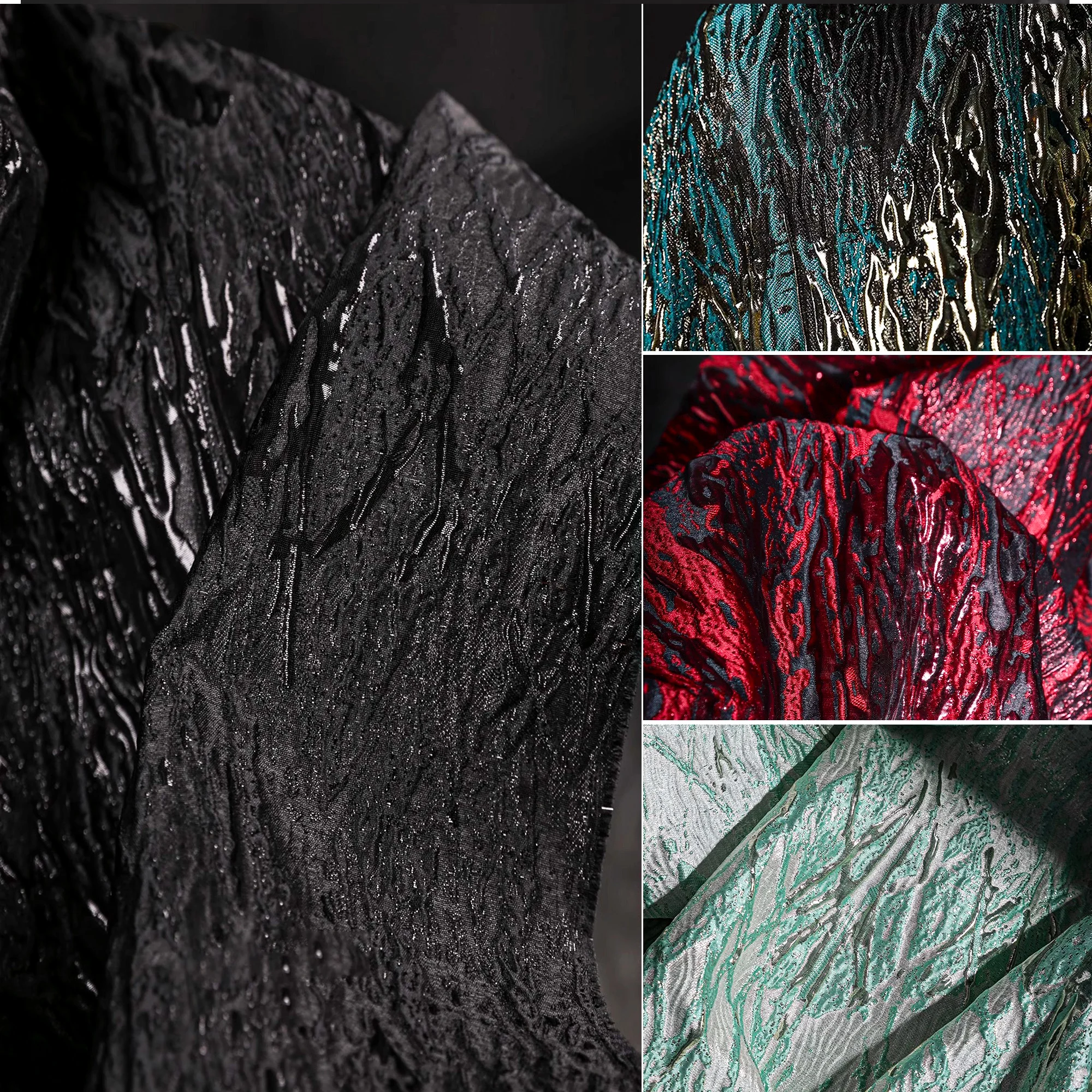 Pure black undulating vein gilt jacquard fabric texture gloss stiff coat creative clothing designer fabric