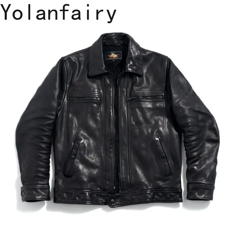 

YOLANFAIRY Vintage Distressed Top Layer Cowhide Jacket Men Lapel Short Genuine Leather Coat Retro Real Leather Jackets Outerwear