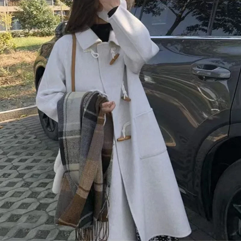 Women Chic Horn Button Long Blends Coats Solid Colors Warm Autumn Winter Coats Big Pockets Elegant Commute Outwears New Parkas