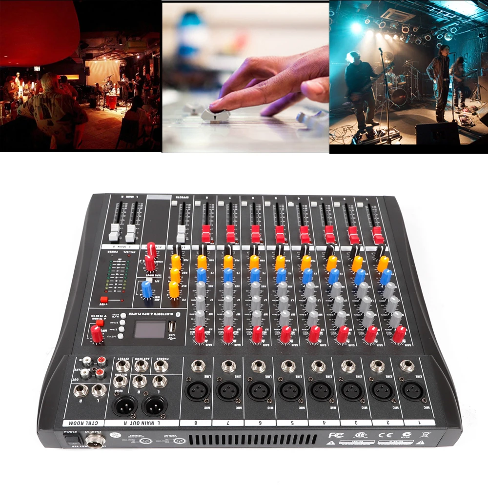 Audio Mixer with 8-way Microphone Input, 3-band Equalizer, Real-time Monitoring, 6 Built-in Music Styles, Ideal for