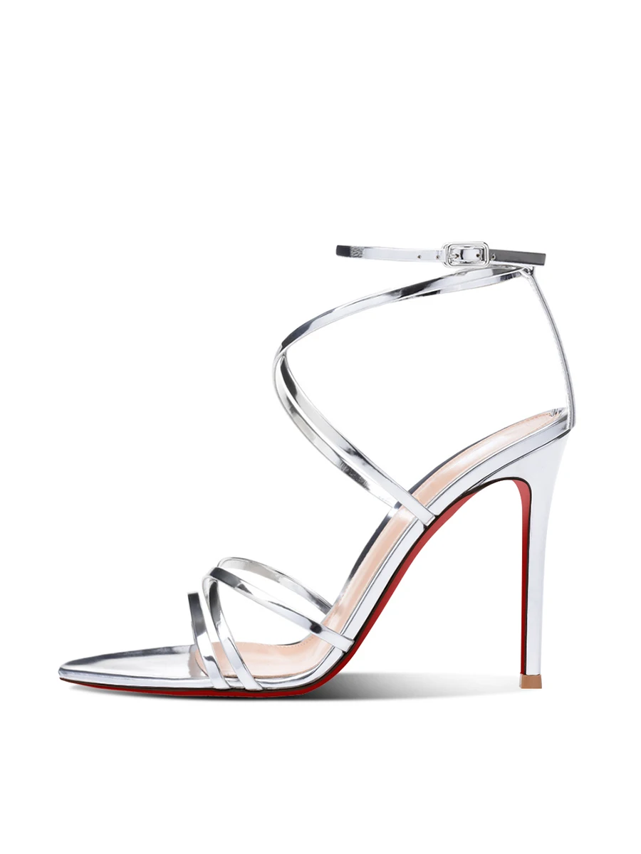 New silver pointed toe exposed cross straight strap sandals with slim heels for women, red soled high heels, fashion shoes