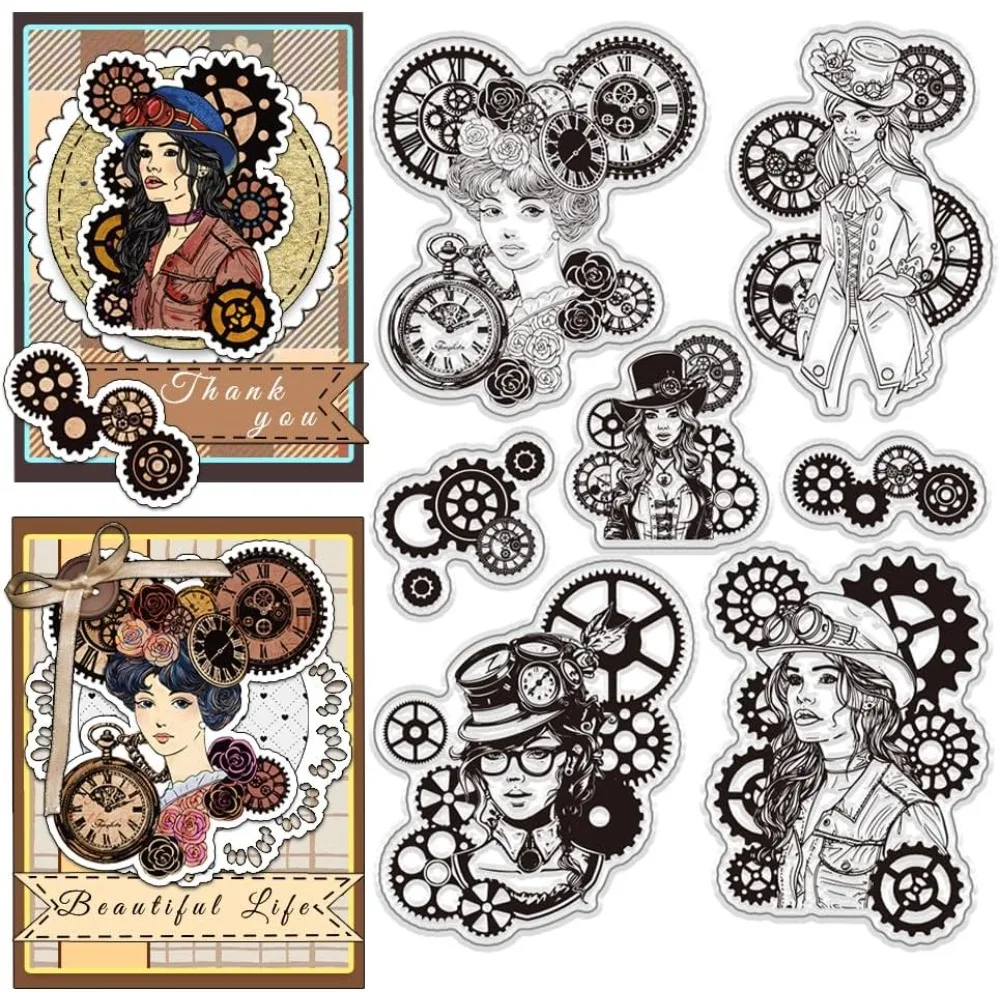 7pcs Clear Stamps Set Medieval Retro Style Lady Stamps Vintage Steampunk Style Rubber Stamp Set Reusable Transparent Stamps