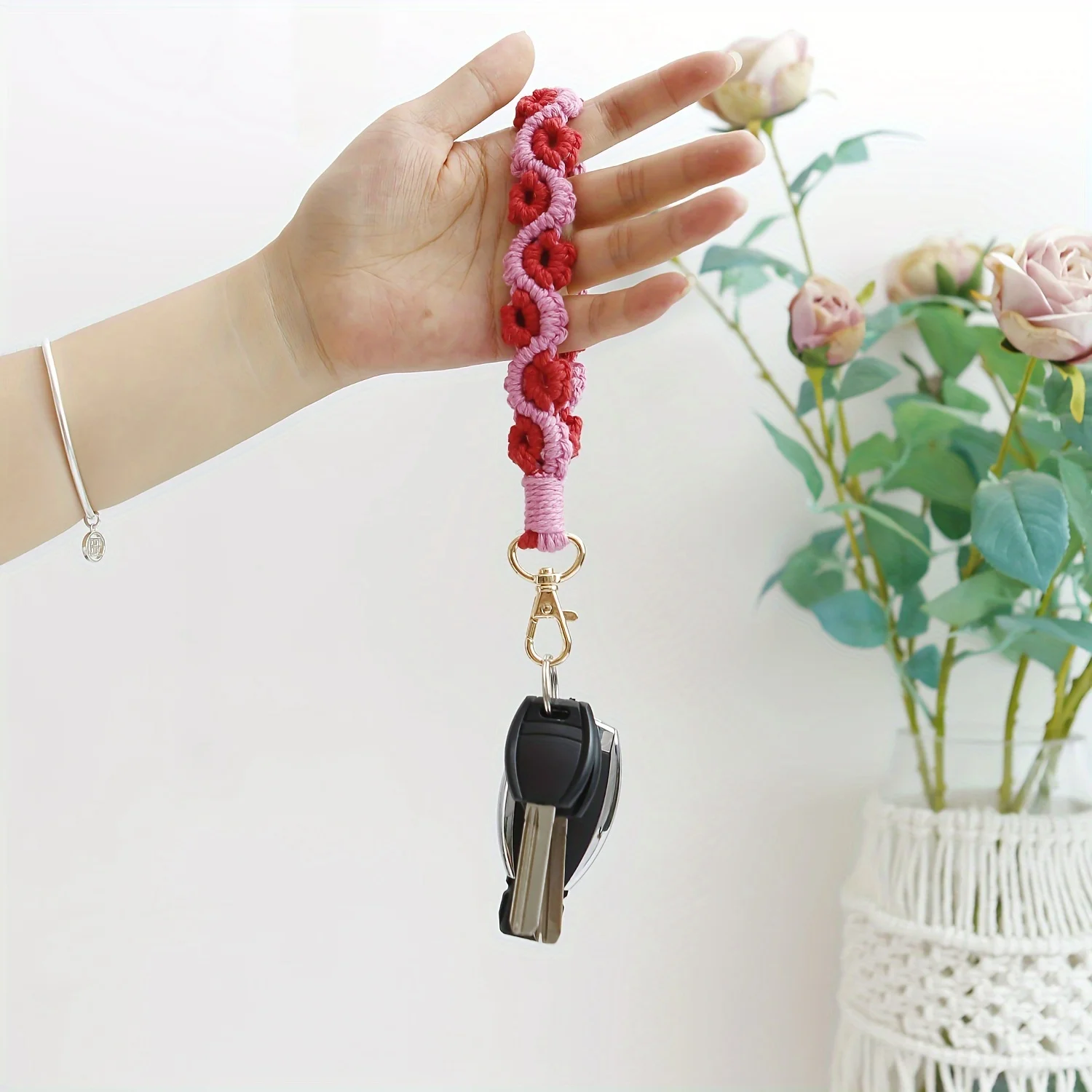 Mobile Phone Lanyard Braided Two-Color Roses Wrist Strap Keychain Lanyard for Wallet Keys Keychain Hanging Rope Cell Phone Strap