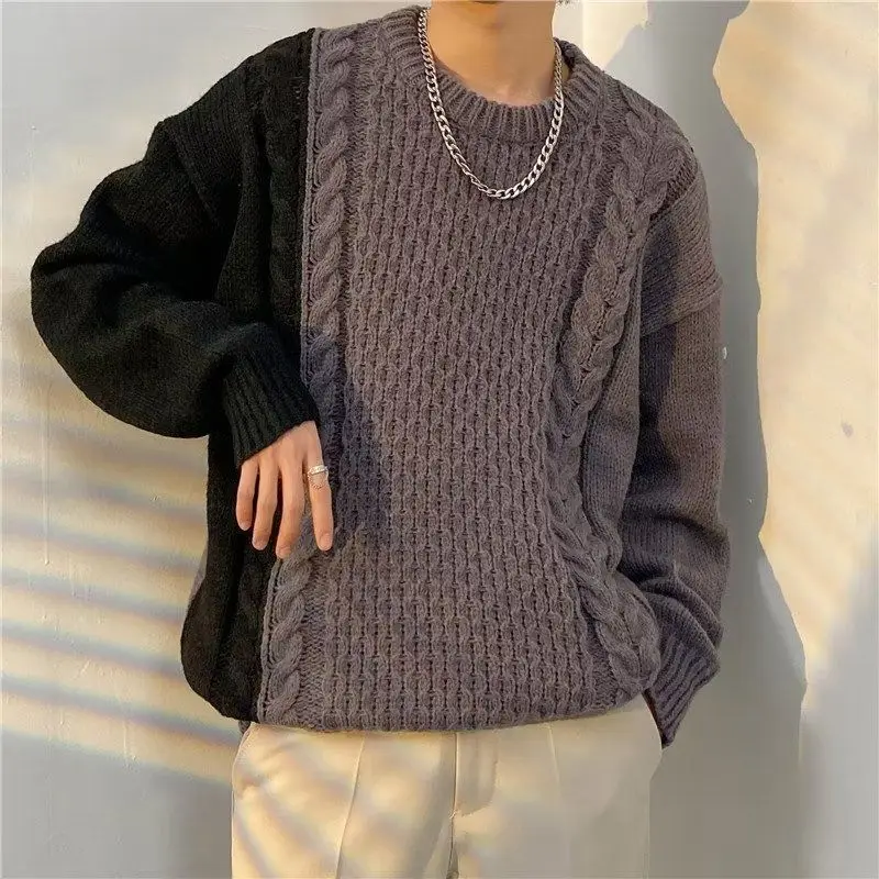 

Retro Twist Color Blo Men's Knitted Sweater Loose Fit Casual Sle Polyester Fiber round Ne Long Sve Warmth Providing