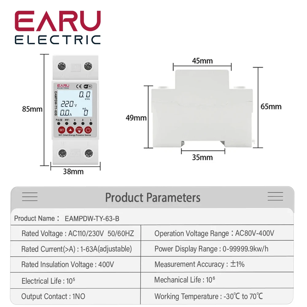 2P 63A TUYA APP WiFi Smart Circuit Earth Leakage Over Under Voltage Protector Relay Device Switch Breaker Energy Power kWh Meter