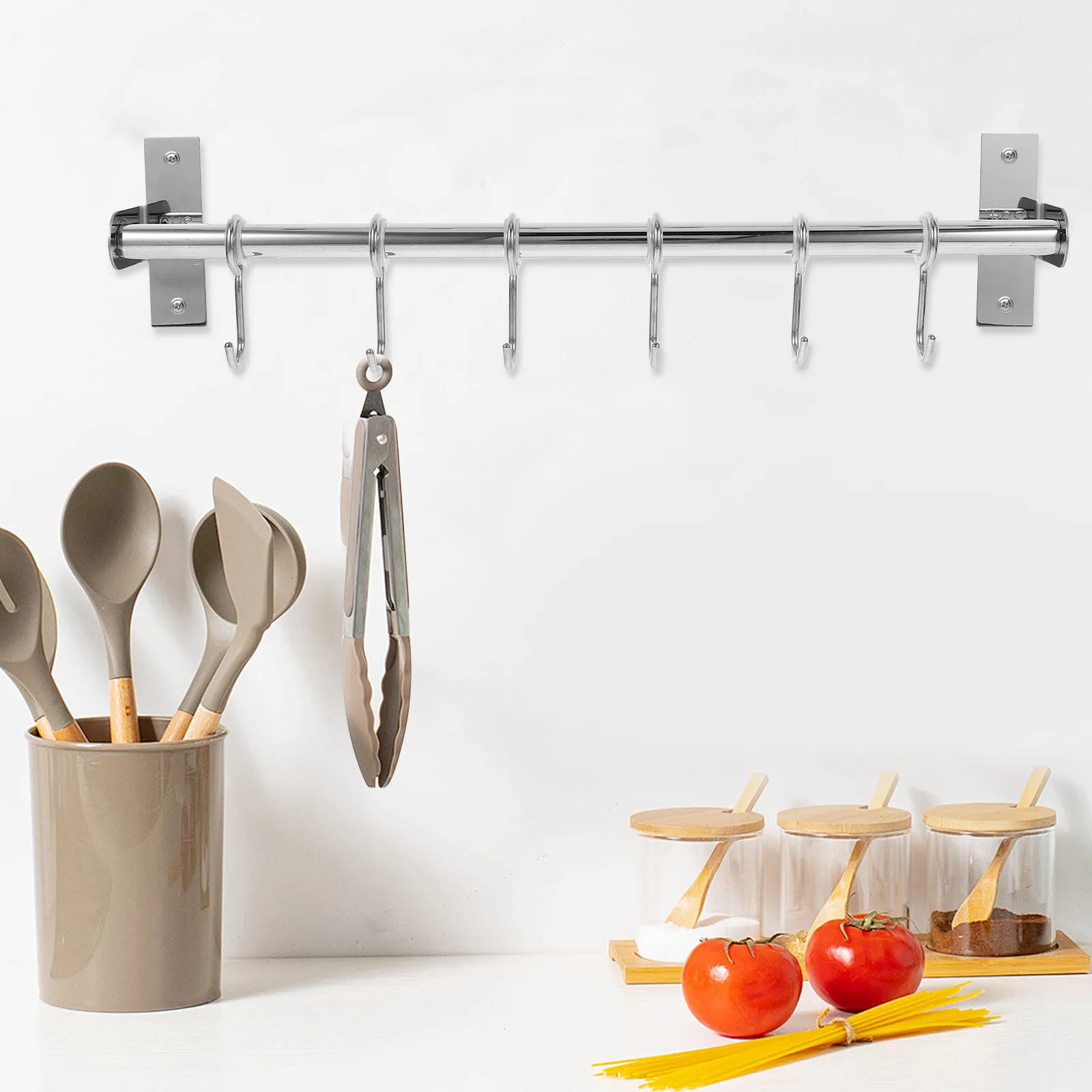 Sturdy 40 Cm Silver Kitchen Hooks Material Punching Free Wall Hanging Rack Bath Towels Coats Umbrellas Storage Solution