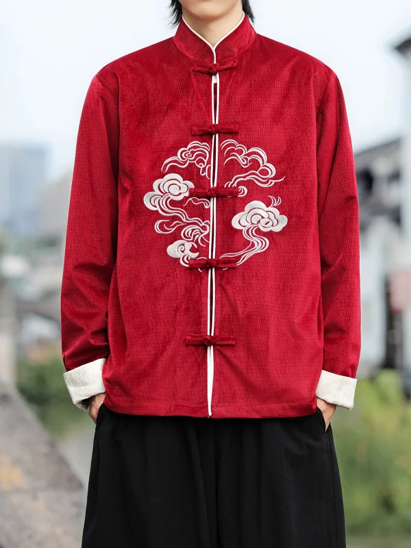 

Красная вельветовая мужская рубашка с вышивкой, на пуговицах, осенняя новинка, в стиле китайской традиционной одежды Тан Ханьфу, ретро-стиль, верхняя одежда