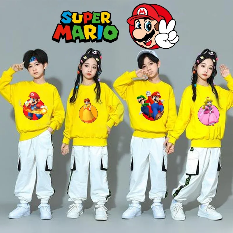 เสื้อกีฬาซูเปอร์มาริโอพิมพ์ลายการ์ตูนเสื้อยืดเสื้อยืดคอกลมฤดูใบไม้ผลิฤดูใบไม้ร่วงเสื้อสเวตเชิ้ตเด็กชายเด็กหญิงเสื้อแฟชั่นในเมืองเสื้อที่สวยงาม