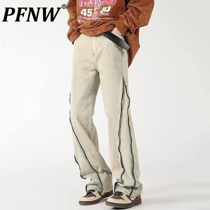 

PFNW Zipper Design Worn-out Straight Jeans Men's High Street Trendy Denim Pants 2024 Summer New Tide Male Trousers 28W3647