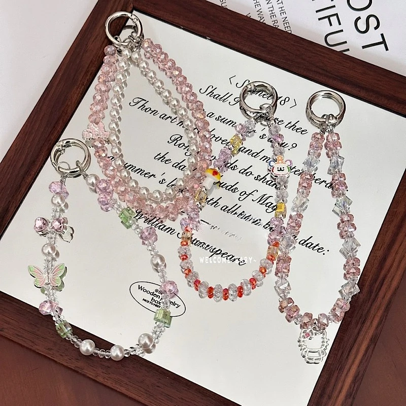 

Pink Style Fairy Phone Charm Lanyard Beaded Keychain Bracelet for iPhone 16 Samsung Universal Camera Anti-Lost Wrist Strap Chain