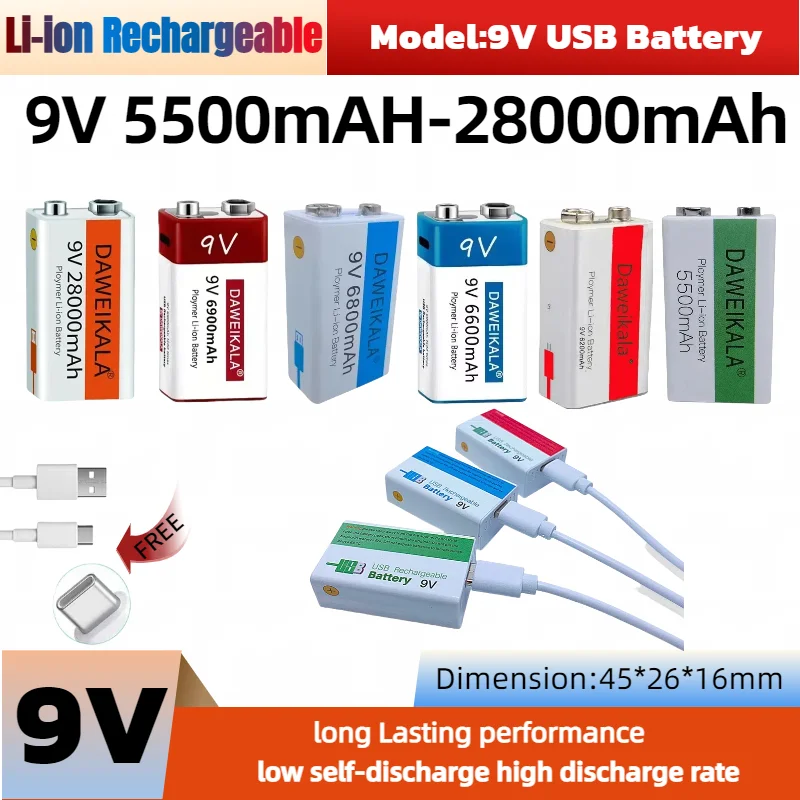 

9V Rechargeable Lithium Battery 28000mAh 6900mAh USB Charging for Microphone/Smoke Detector/Guitar Pedal/Radio Long-Lasting