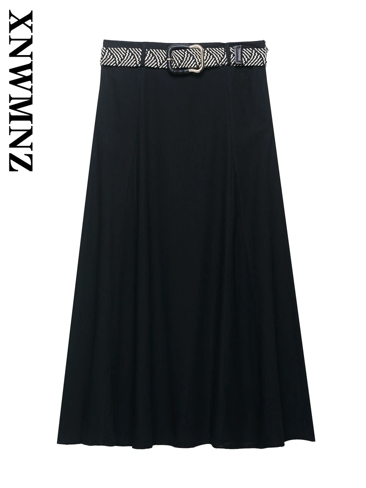 

XNWMNZ 2025 Summer New Product Woman Casual Chic Linen Skirt Simple Lady Black A-lineskirt Fashion with belt midi