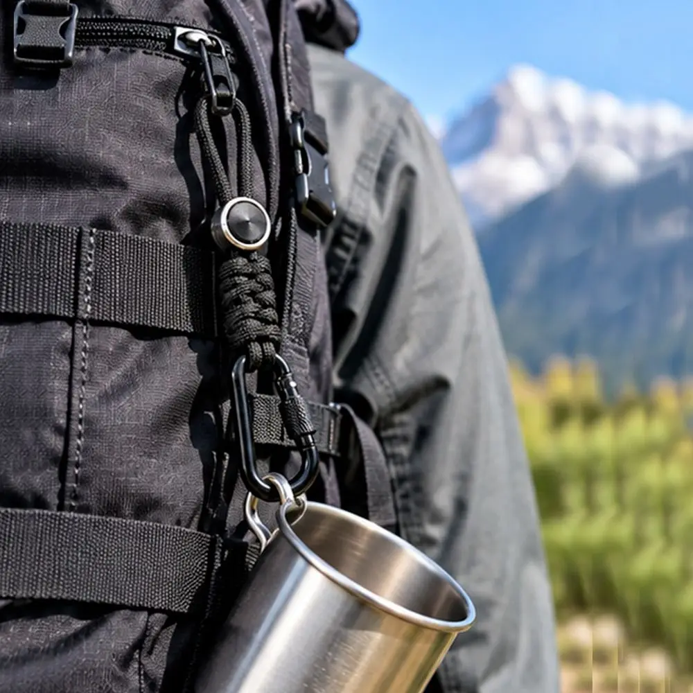 2pcs Portable D-Shaped Locking Water Bottle Clip Quick-Release with Anti-Loss Lanyard Outdoor Anti-Theft Rope Aluminum