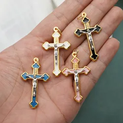Catholic Golden Cross Pendant 3.7cm Enamel Corful Bail Color DIY Rosary Accessories Religion Jesus Christ Jewelry Making Supplie