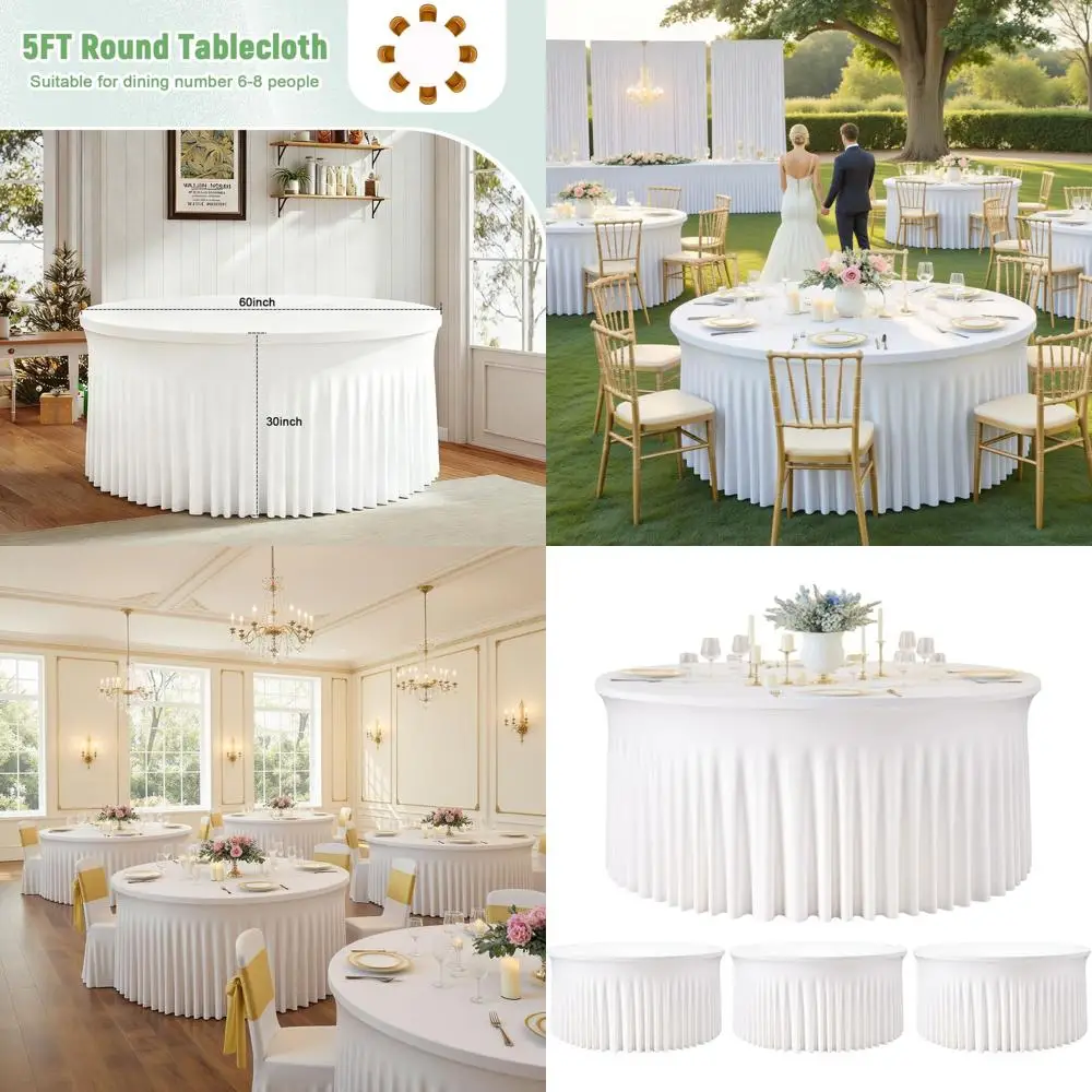 

4 Pack White Elastic Round Tablecloths with Skirt for Weddings and Banquets