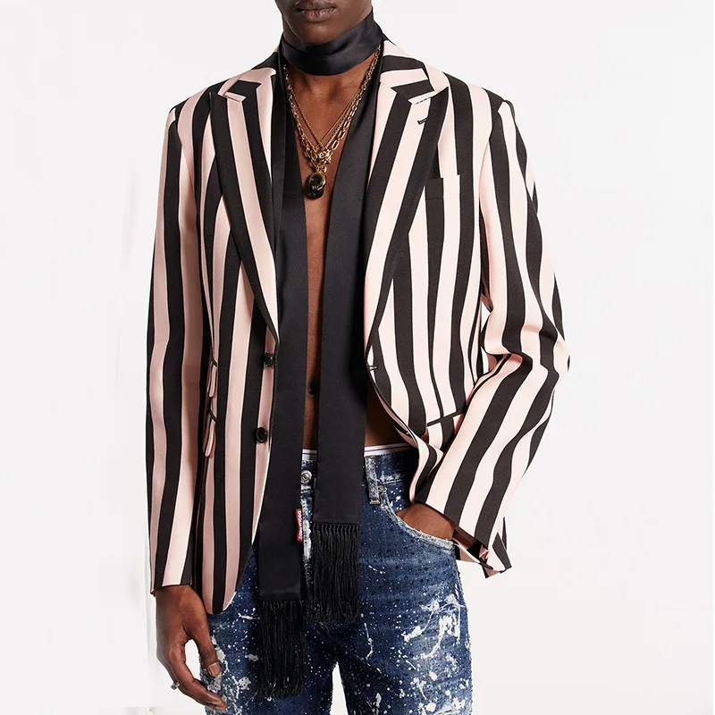 

New Blazer Loose Long-sleeved Jacket Fashionable Men's Slim-fitting Black Striped Top