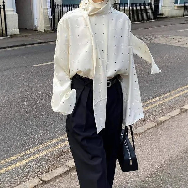 

Elegant Blouse French Tie-Front Polka-Dot Blouse Relaxed Commuter Long-Sleeve Blouse Wholesale Elegant Workwear Shirt