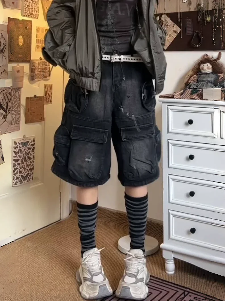 2025 American Street, übergroße, gewaschene Vintage-Jeansshorts mit mehreren Taschen für Damen, Arbeitskleidung, hohe Taille, gerades Bein