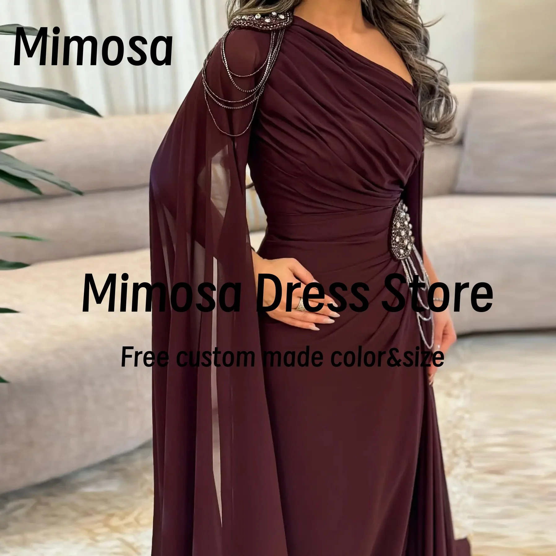 Mimosa Saudi Arabia Prom Dresses Flutter Sleeves Beaded Decoration Evening Gowns Long Chiffon Special Occasion Dress Customized