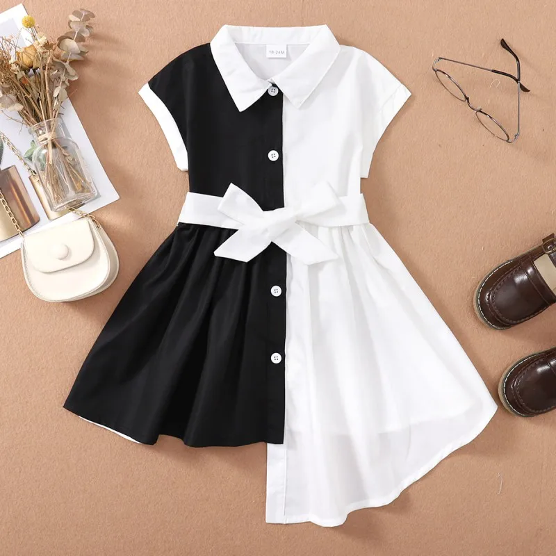 Girls Dress Black White Matching Lapel Sleeveless Bowknot Waistband Princess Summer New Fashion Children's Clothing For 18M-6Y