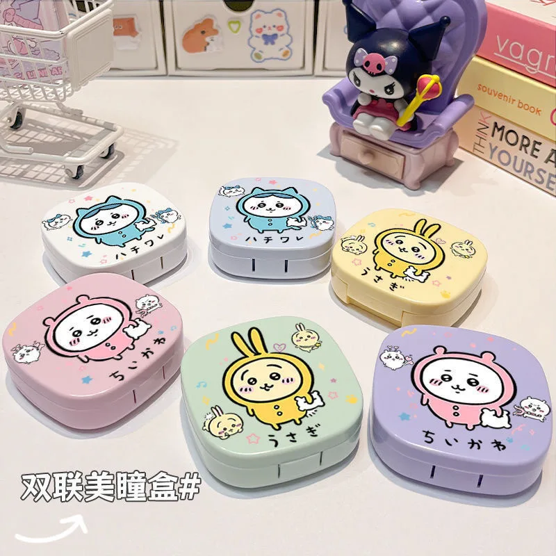 Chiikawa Contact Lens Box Cute Ins Cartoon Hachiware Usaqi Companion Box Care Box Multifunction Mirror Tool Portable Girl Gift