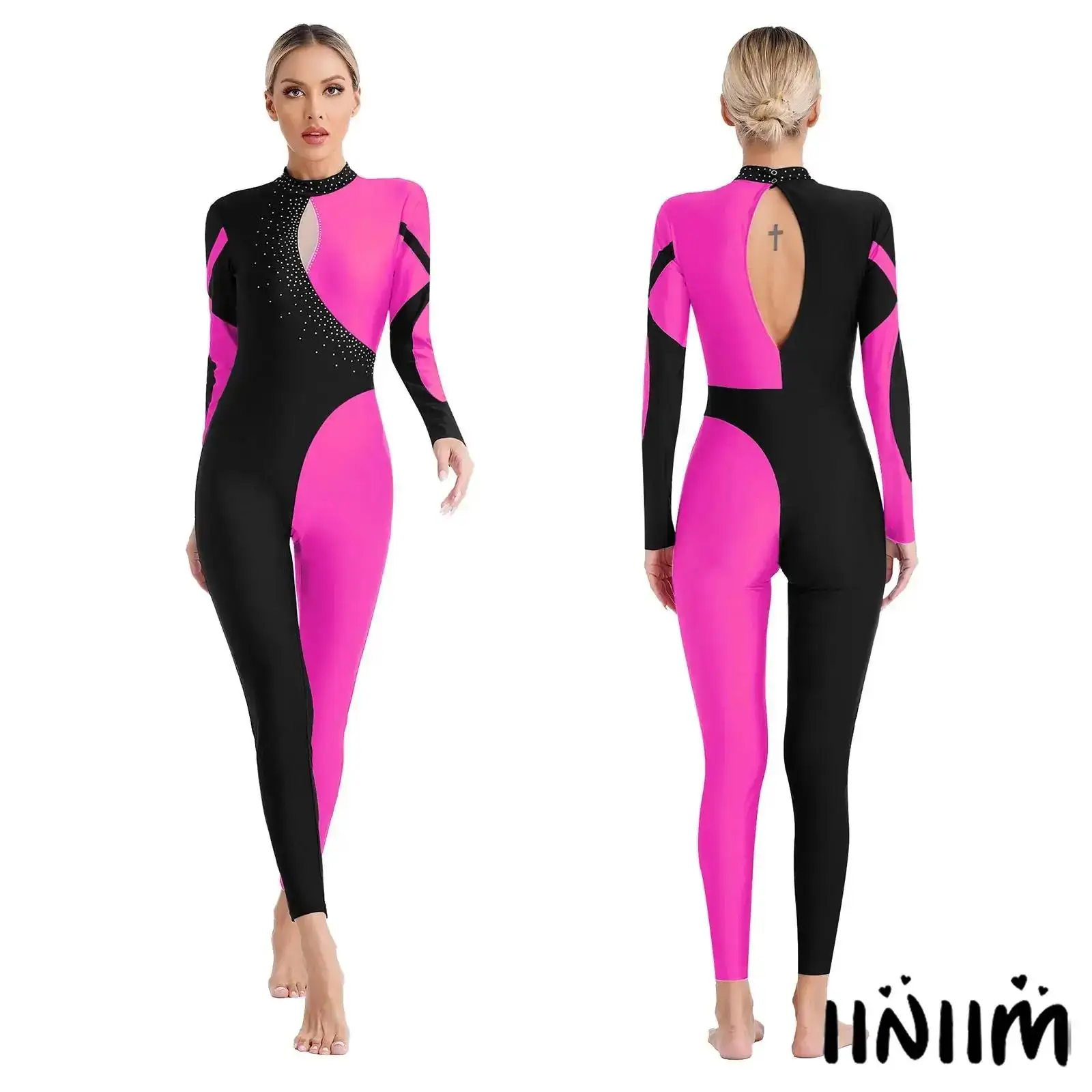 

Women’s Glitter Rhinestone Gymnastics Jumpsuit Long Sleeve Patchwork Leotard Keyhole Back Mock Neck for Dance Figure Skating