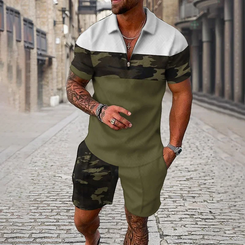 Men's Classic Print Two Piece Sets Summer Outdoor Urban Street Casual Zipper Polo Shirt Outfit Retro Simple Breathable Male Suit - Image 6