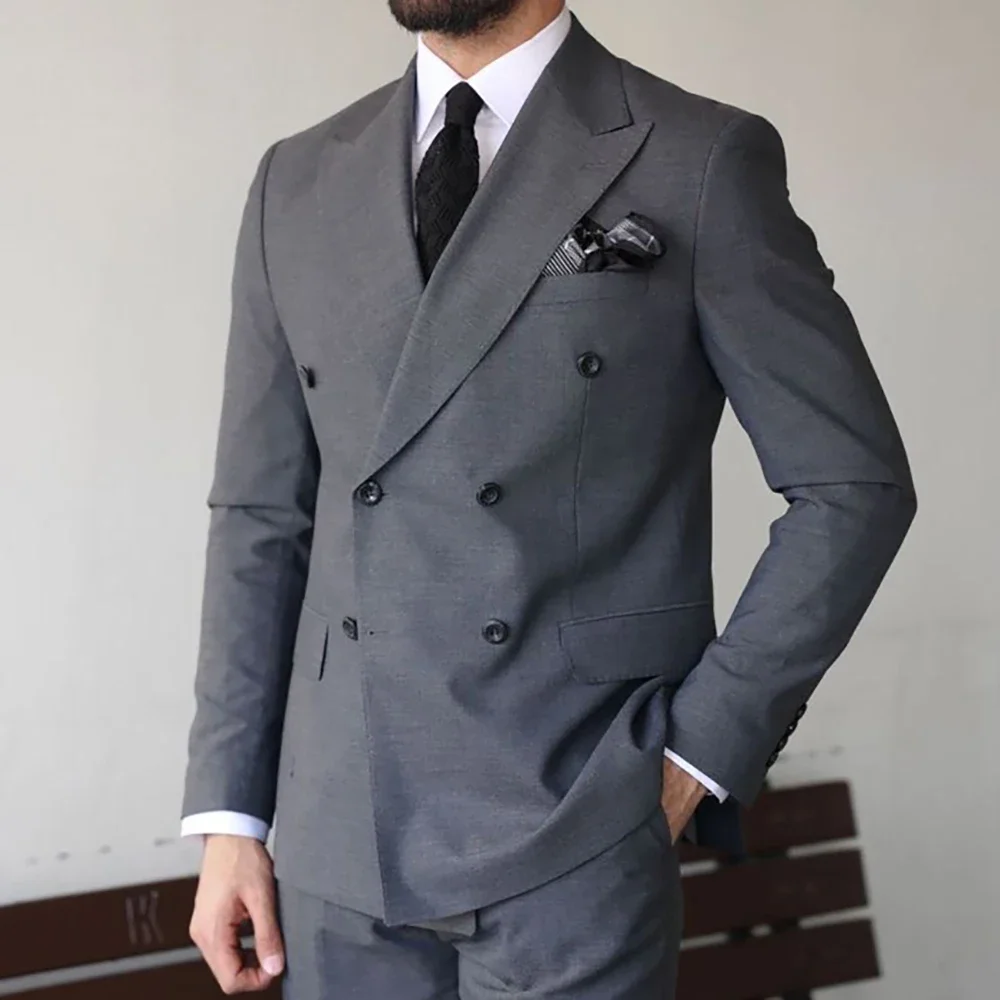 Men Suits Dark Gray Fashion Peak Lapel Double Breasted Male Suit Slim Fit Business Casual Chic Groom Wedding Party Tuxedo