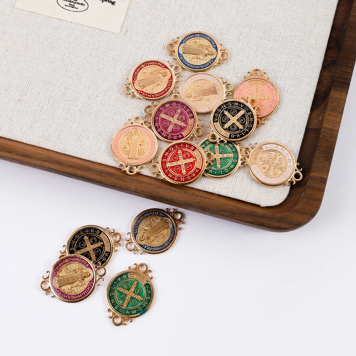 12Pcs Metal Enamel Saint Benedict Medal Charm Gold Tone Round Medalla De San Benito Pendants for DIY Necklaces Bracelet Keychain - view 6