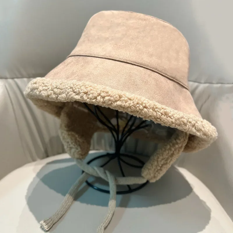 

Japanese Style Women's Bucket Hat Versatile Double-sided Lamb Wool Basin Hat Cycling Ear Protection Warm Hat Tide