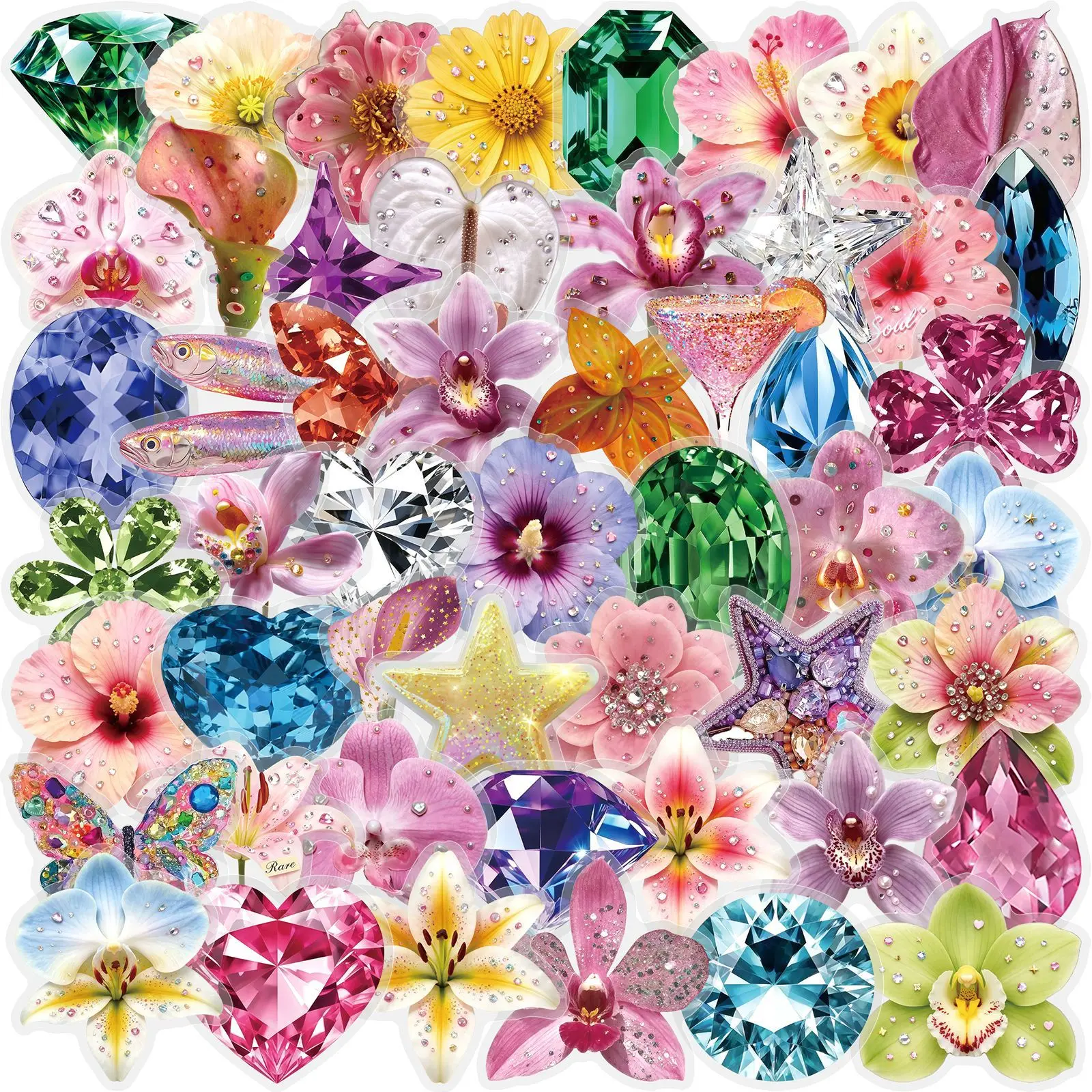 50Pcs Gem Diamond Flower Transparent Waterproof PET Stickers for Folder Luggage Journal Skateboard Helmet Reward DIY Decor Decal