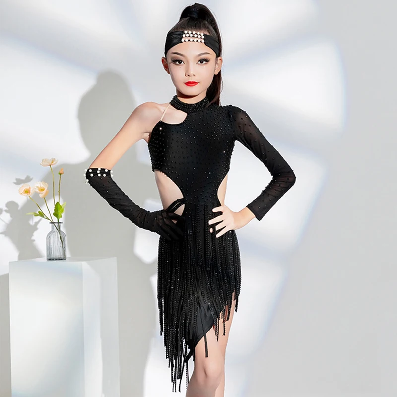 New Latin Dance Dress Girls Performance Costume Rhinestone Black Fringe Dress Kids Cha Cha Rumba Latin Competition Dress BL11690