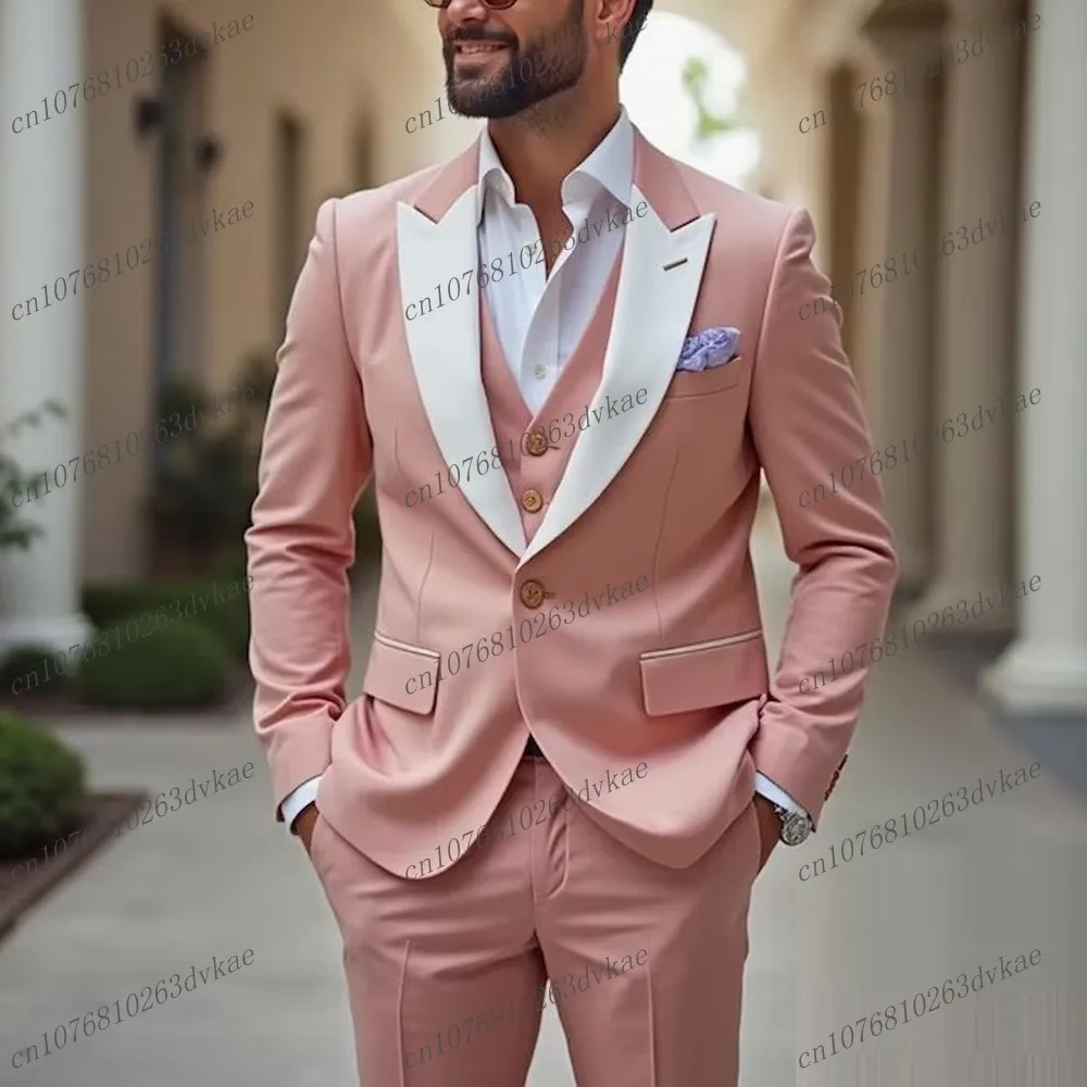 

New White Collar And Pink Men Suit Groom Groomsman Wedding Party Formal Business Male Tuxedo 3 Piece Set Blazer Pants Vest