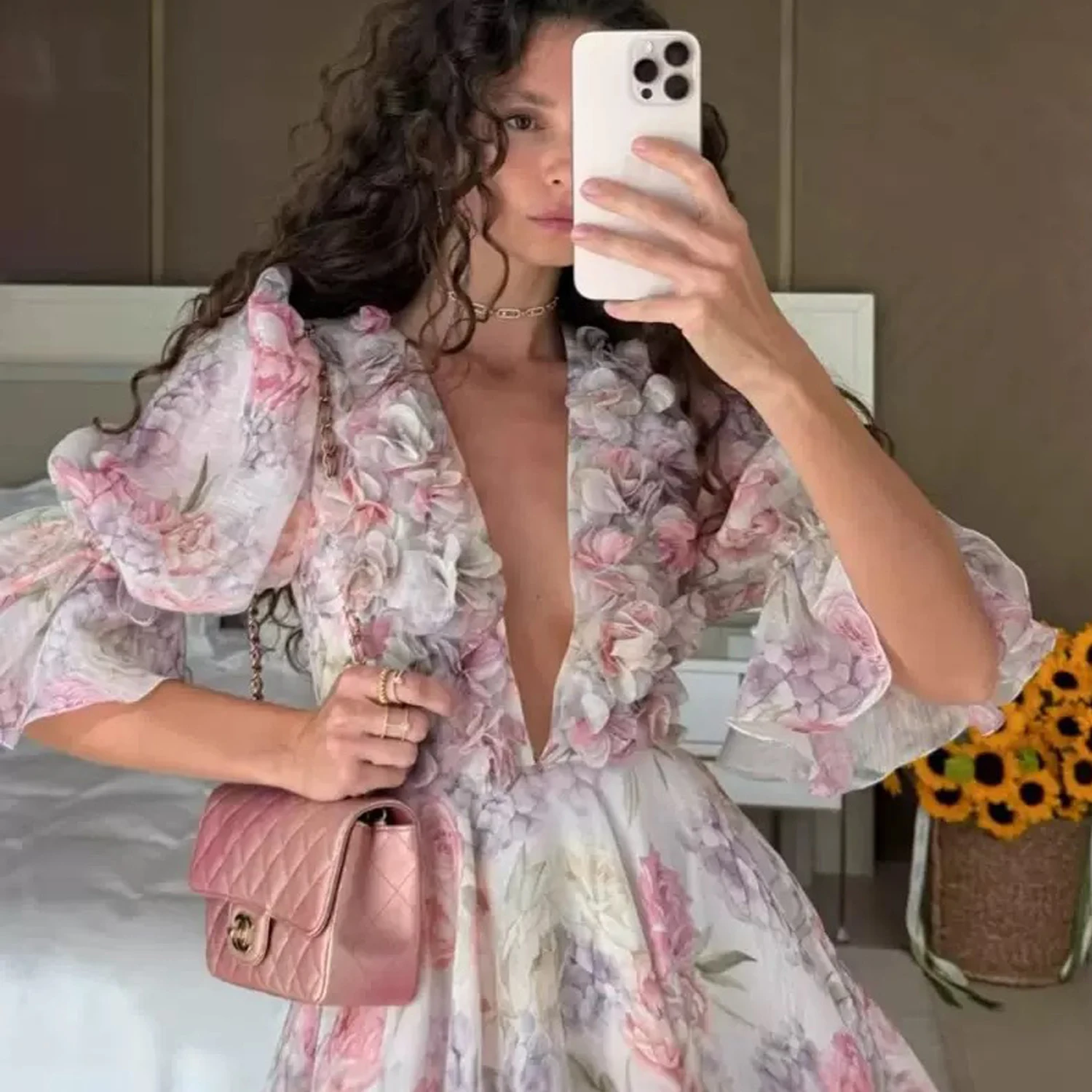 春夏新作セクシーVネックバブルスリーブ3D花柄ウエストシェイプマキシ丈ミディ丈ポリエステル繊維レディースドレス