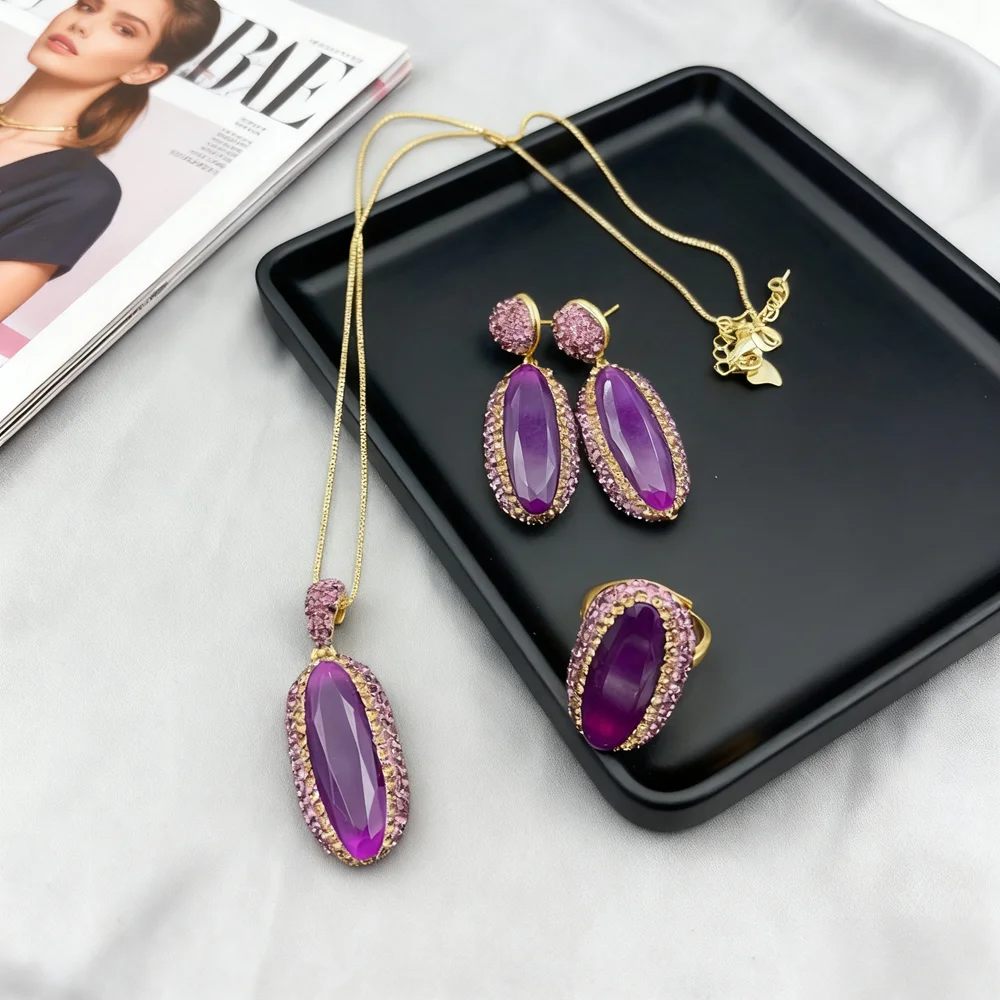 Vintage Purple Natural Malay Jade Jewelry Set For Women Inlaid Rhinestone Oval Large Crystal Necklace Earring Lady Wedding Party
