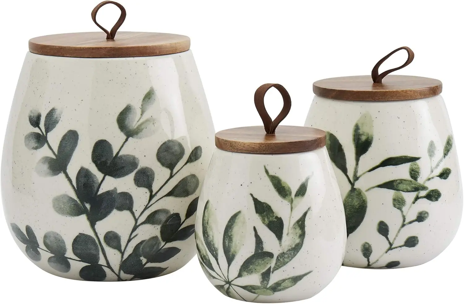 Tabletops Gallery Ceramic Canister Collection- Stoneware Designed Kitchen Storage Acacia Wood White Set