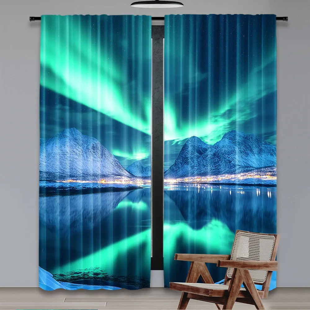 2Pcs Arctic Polar Scenery Curtains Arctic Snow-Capped Mountains Lake Scenery Aurora Curtains Norway Winter Landscape Polar