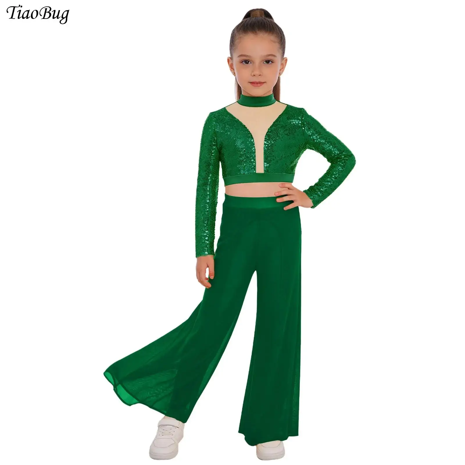 

Kid Girls Contemporary Lyrical Dance Outfits Long Sleeve Sequin Crop Top with Mesh Wide-Leg Dance Pants Ballet Skating Costumes