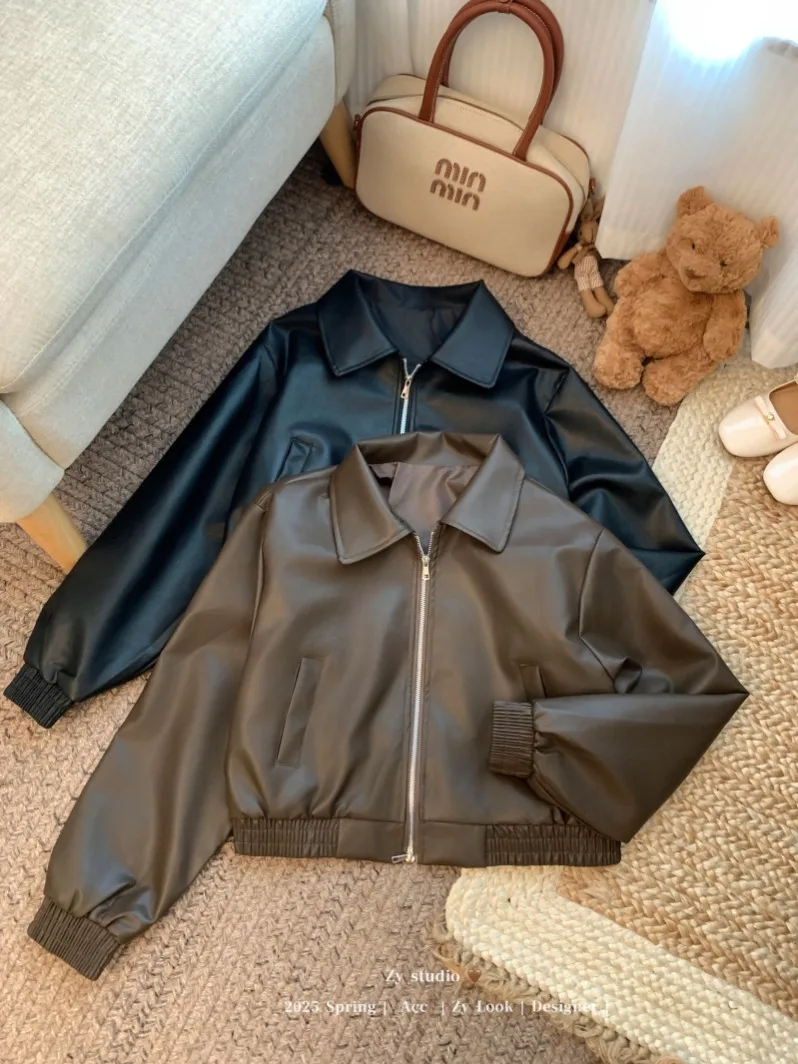 เสื้อแจ็คเก็ตหนังเทียมทรงหลวม แขนยาว ซิปหน้า ปกพับ สไตล์สตรีทแวร์ สำหรับผู้หญิง ฤดูใบไม้ร่วง ฤดูหนาว