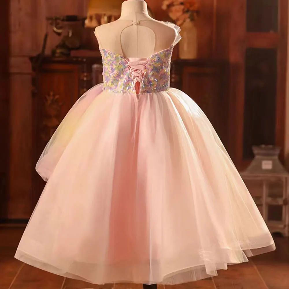 Jill Wish Luxury Arabic Pink Girl Dress Sequined Dubai Kids Princess Birthday Wedding Party First Communion Pageant Gown J211