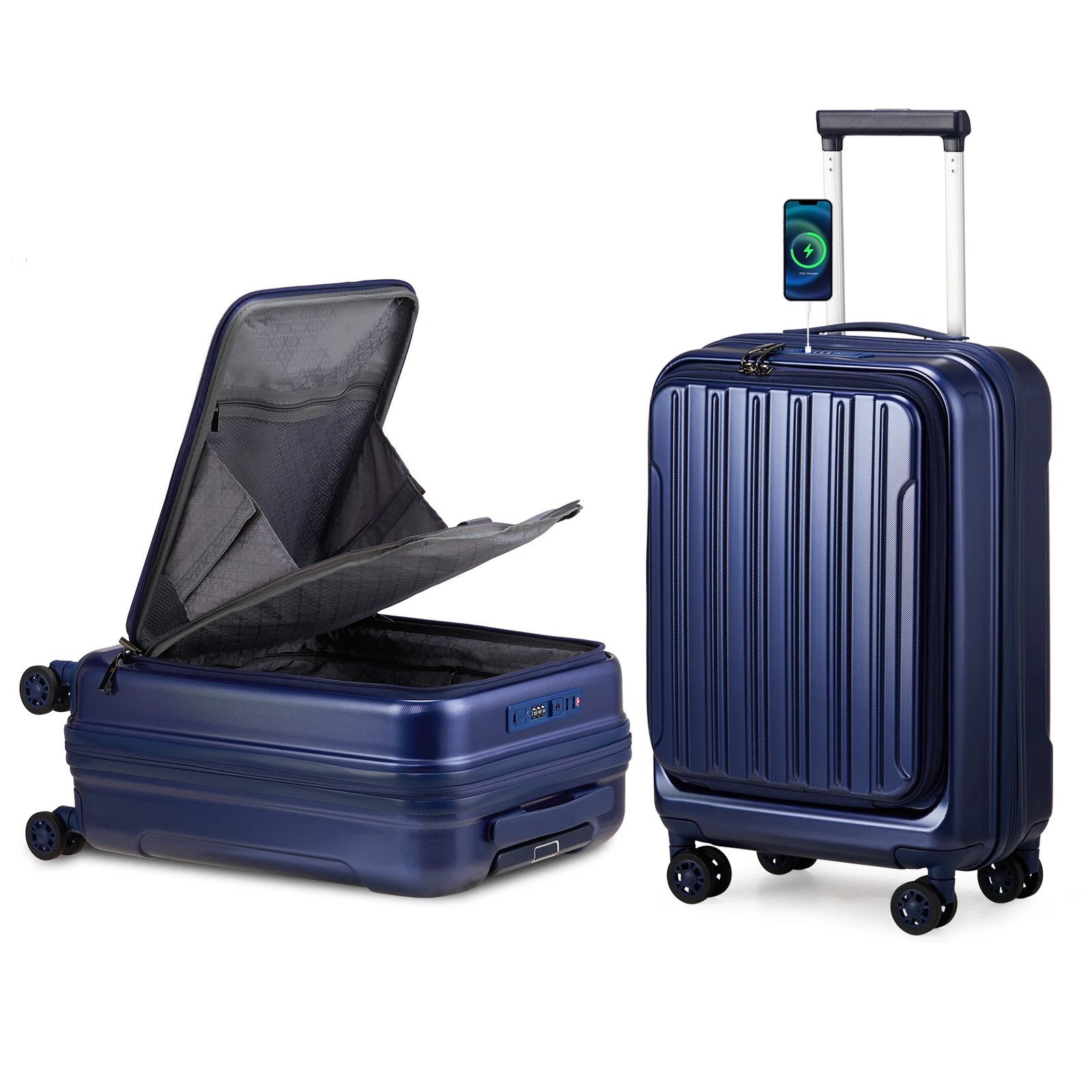 22 ×14 × 9 Airline Approved with USB ABS+PC 20 Inch Luggage with Front Compartment, Double Spinner Wheels, TSA Lock,Navy Blue