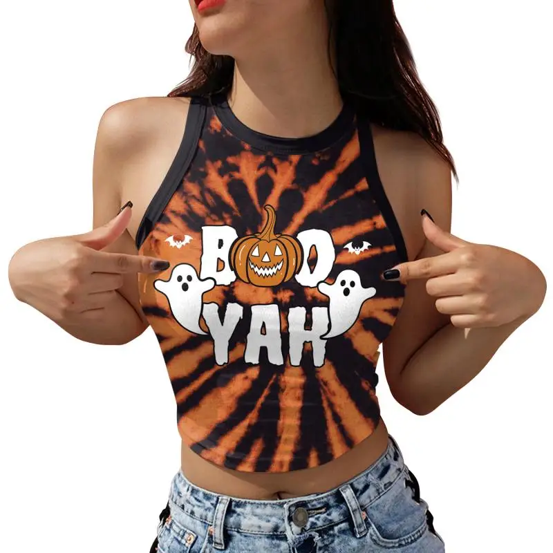Nadanbao Damen-Crop-Top mit Geister-Kürbis-Print, kurze Weste mit Rosen-Totenkopf-Muster, sexy, schmales, ärmelloses Hemd, Halloween-Party-Top – Detail 9