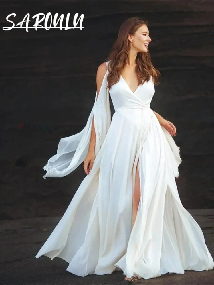 Simple Cheap Wedding Dresses For Women 2024 Modern Bridal Gown Custom Made Chiffon Flowy Women Bride Dress Front Slit