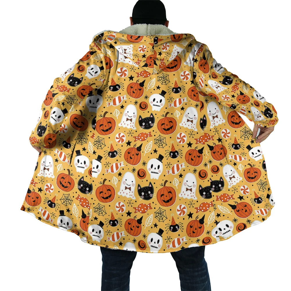 Winter Mens Hooded Cloak Halloween Pumpkin Trick and Treat Graphic Print Fleece Wind Breaker Unisex Casual Thick Warm Hood Cloak